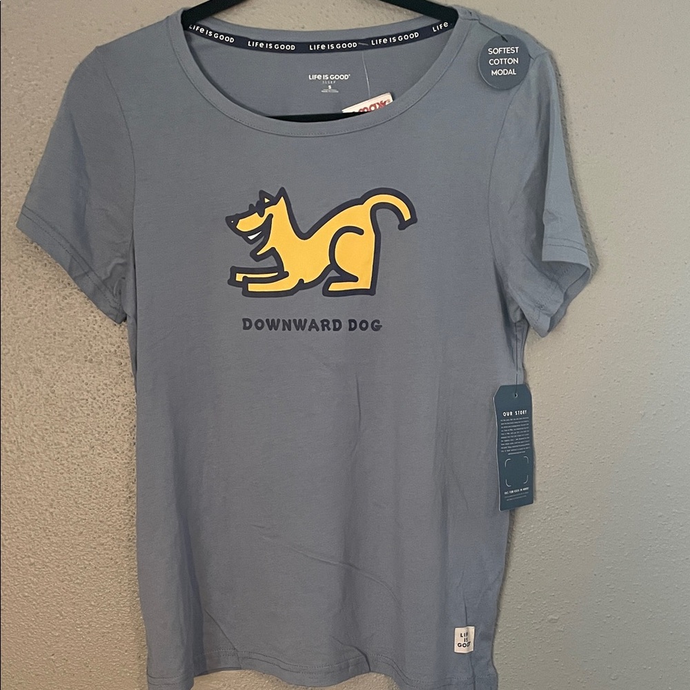 Life Is Good Slate Blue Tee with Yellow Dog Design